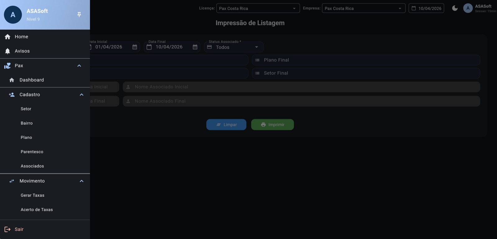 Menu e Relatórios PAX